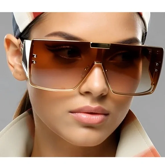 Shield Sunglasses Futuristic Visor Gold Frame Brown Lens Fashion Luxury Model - Picture 8 of 12